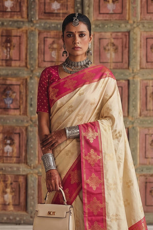 Cream Woven Soft Silk Saree (ACA9121)