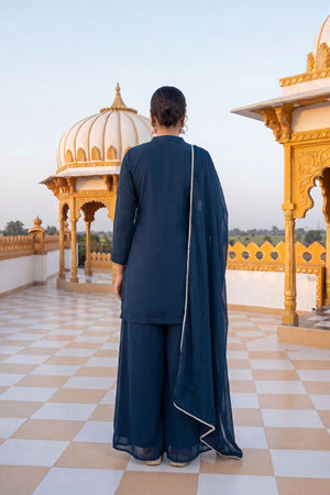 Blue Floral Embroidered Chinon Palazzo Suit (ACA9122)
