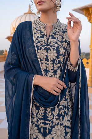 Blue Floral Embroidered Chinon Palazzo Suit (ACA9122)