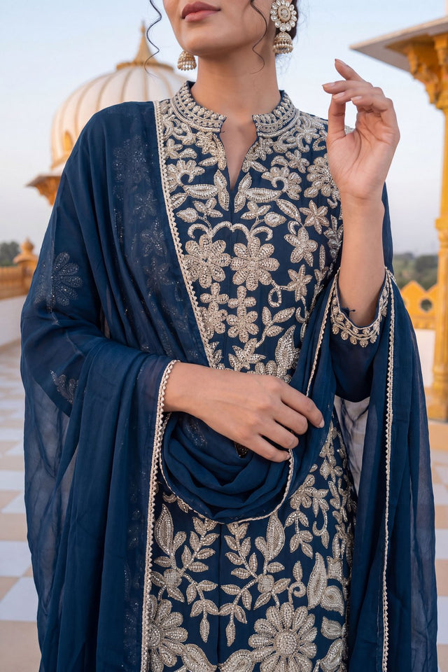 Blue Floral Embroidered Chinon Palazzo Suit (ACA9122)