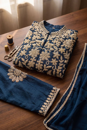 Blue Floral Embroidered Chinon Palazzo Suit (ACA9122)