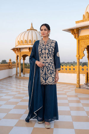 Blue Floral Embroidered Chinon Palazzo Suit (ACA9122)