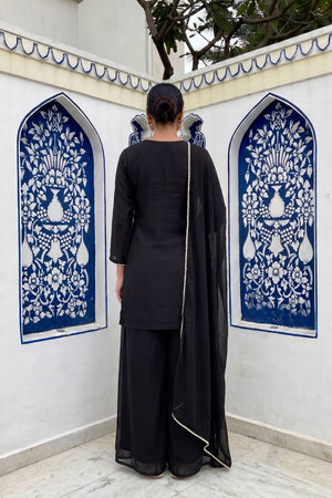 Black Floral Embroidered Chinon Palazzo Suit (ACA9123)