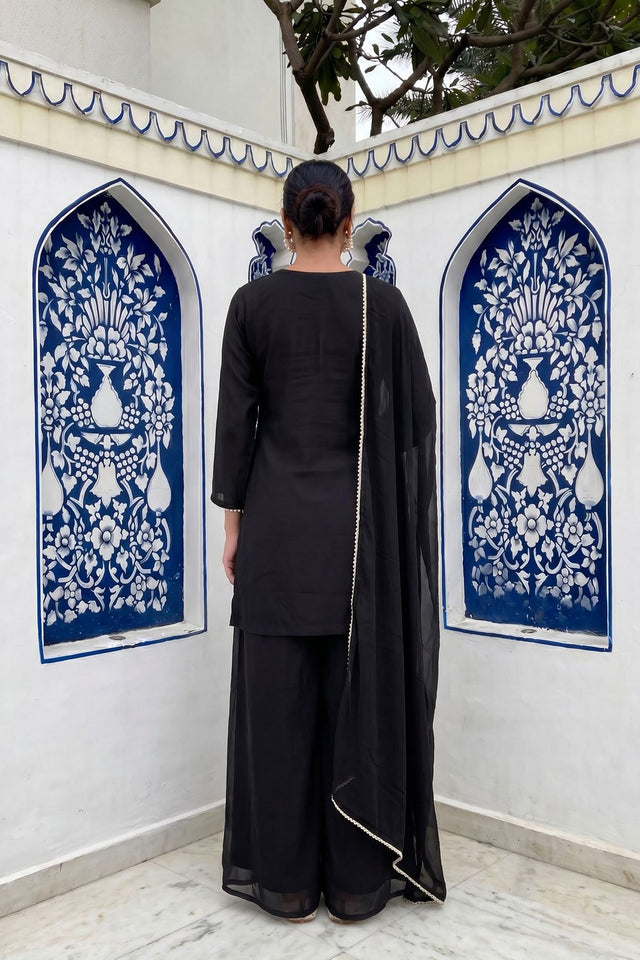 Black Floral Embroidered Chinon Palazzo Suit (ACA9123)