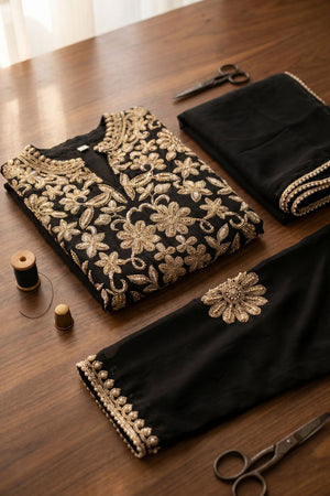 Black Floral Embroidered Chinon Palazzo Suit (ACA9123)