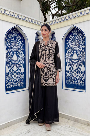 Black Floral Embroidered Chinon Palazzo Suit (ACA9123)