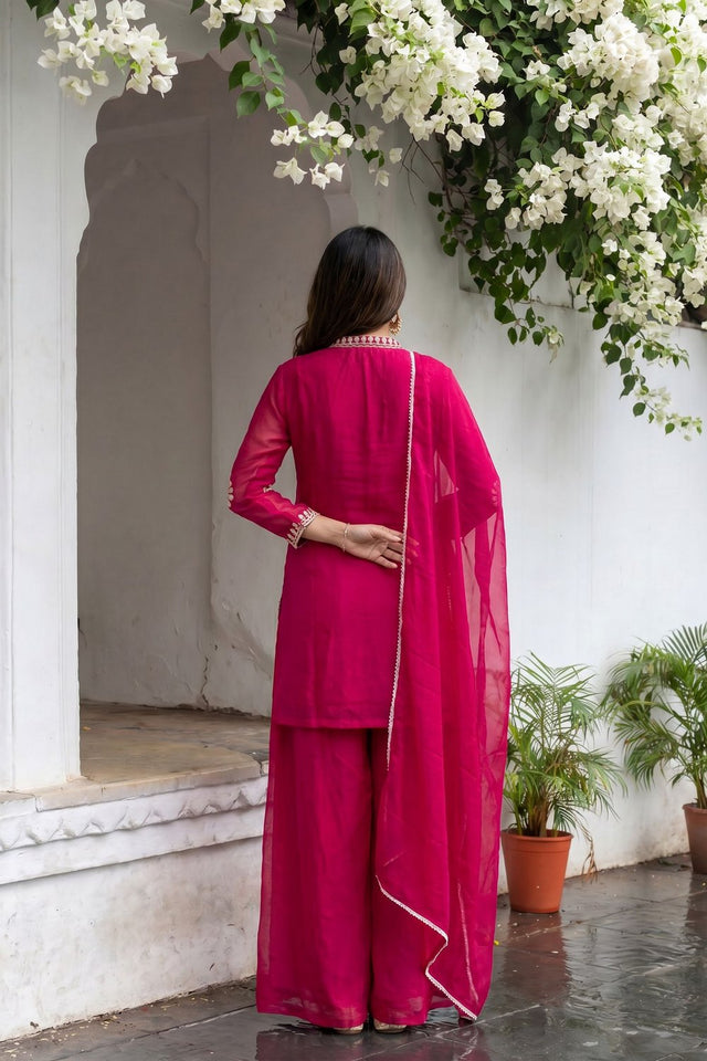 Pink Floral Embroidered Chinon Palazzo Suit (ACA9124)