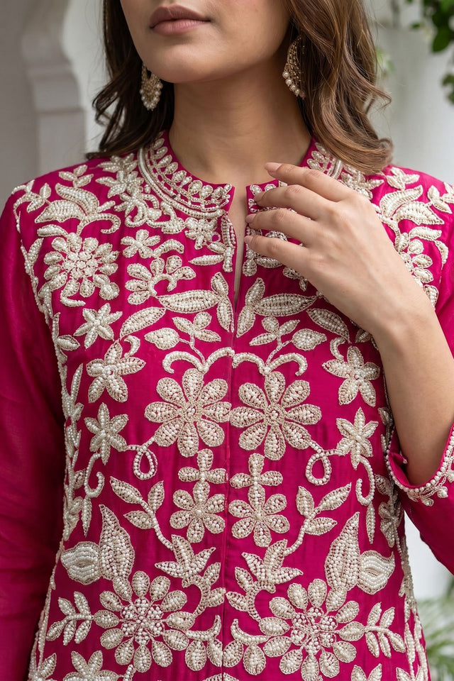 Pink Floral Embroidered Chinon Palazzo Suit (ACA9124)