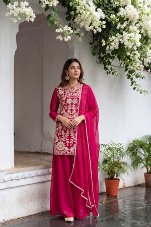 Pink Floral Embroidered Chinon Palazzo Suit (ACA9124)