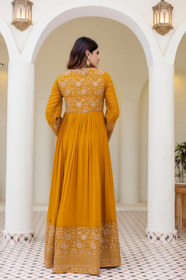 Mustard Floral Embroidered Georgette Gown (ACA9125)