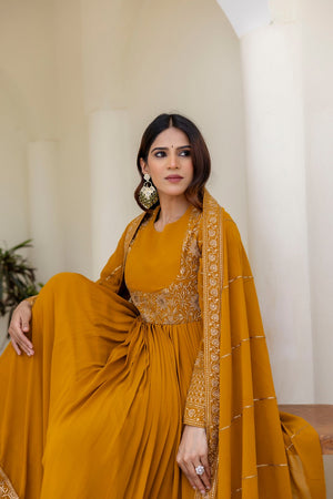 Mustard Floral Embroidered Georgette Gown (ACA9125)