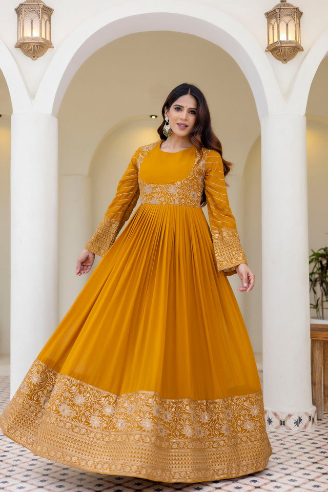 Mustard Floral Embroidered Georgette Gown (ACA9125)
