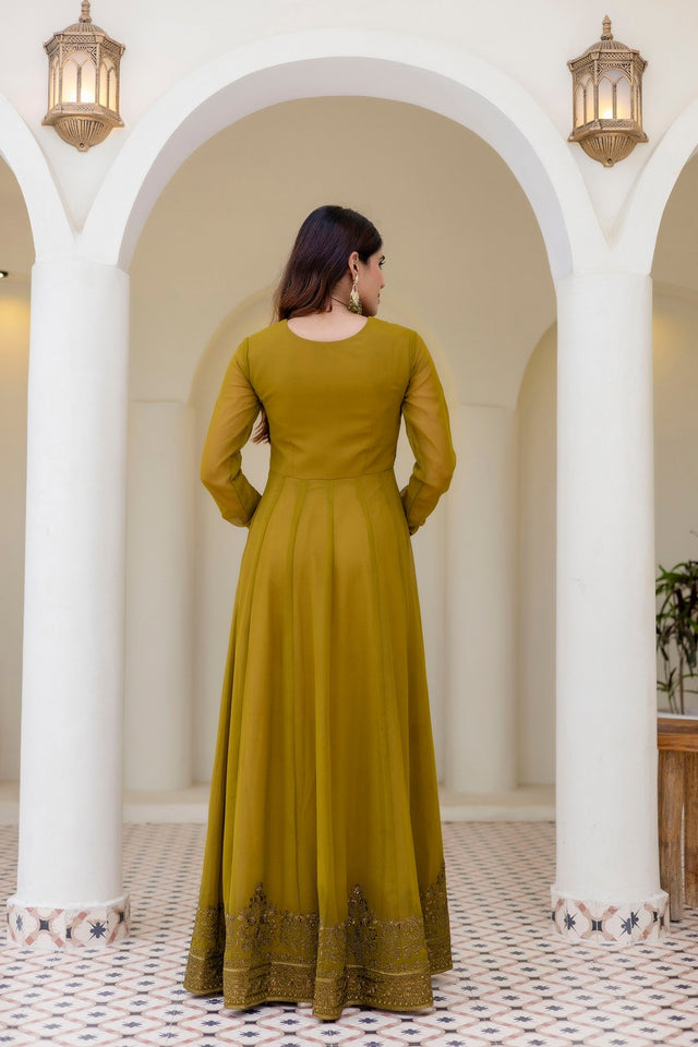 Olive Green Floral Embroidered Georgette Gown (ACA9126)