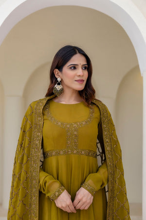 Olive Green Floral Embroidered Georgette Gown (ACA9126)