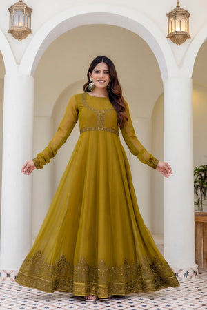 Olive Green Floral Embroidered Georgette Gown (ACA9126)