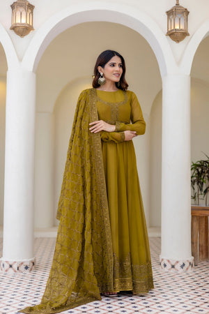 Olive Green Floral Embroidered Georgette Gown (ACA9126)
