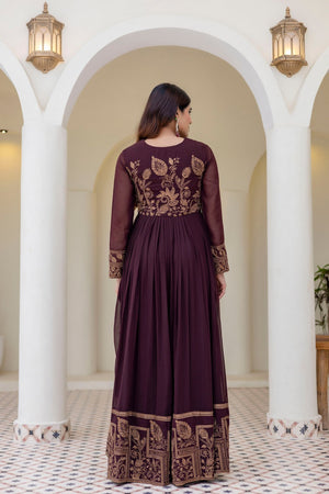 Brown Floral Embroidered Georgette Gown (ACA9127)