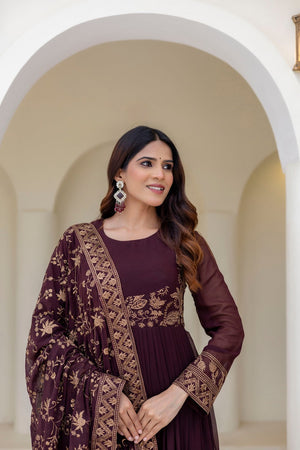 Brown Floral Embroidered Georgette Gown (ACA9127)