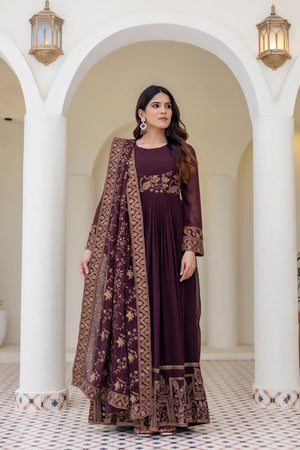 Brown Floral Embroidered Georgette Gown (ACA9127)