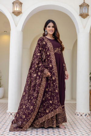 Brown Floral Embroidered Georgette Gown (ACA9127)