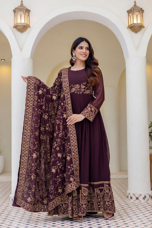 Brown Floral Embroidered Georgette Gown (ACA9127)