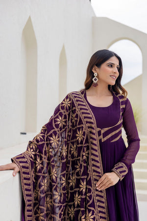Wine Floral Embroidered Georgette Gown (ACA9128)