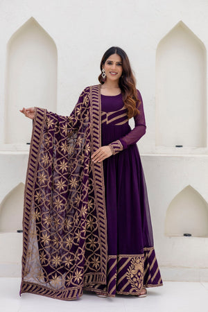 Wine Floral Embroidered Georgette Gown (ACA9128)