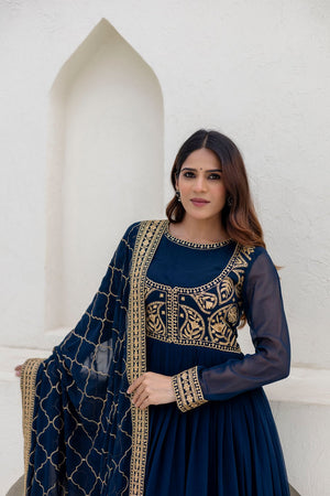 Blue Floral Embroidered Georgette Gown (ACA9129)