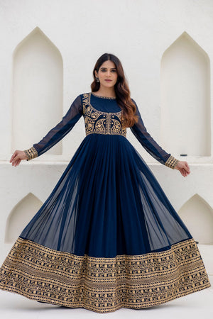 Blue Floral Embroidered Georgette Gown (ACA9129)