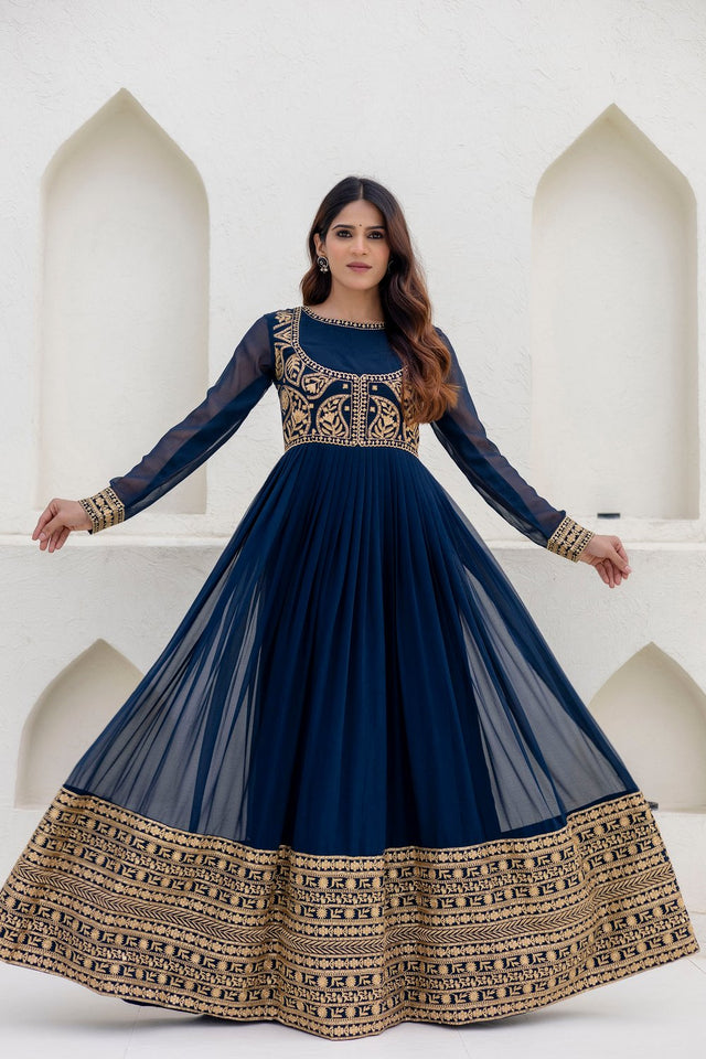 Blue Floral Embroidered Georgette Gown (ACA9129)