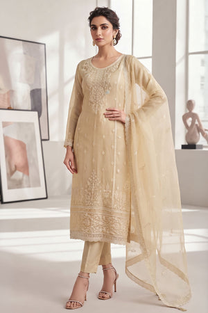 Cream Embroidered Chiffon Straight Cut Suit (ACA9131)