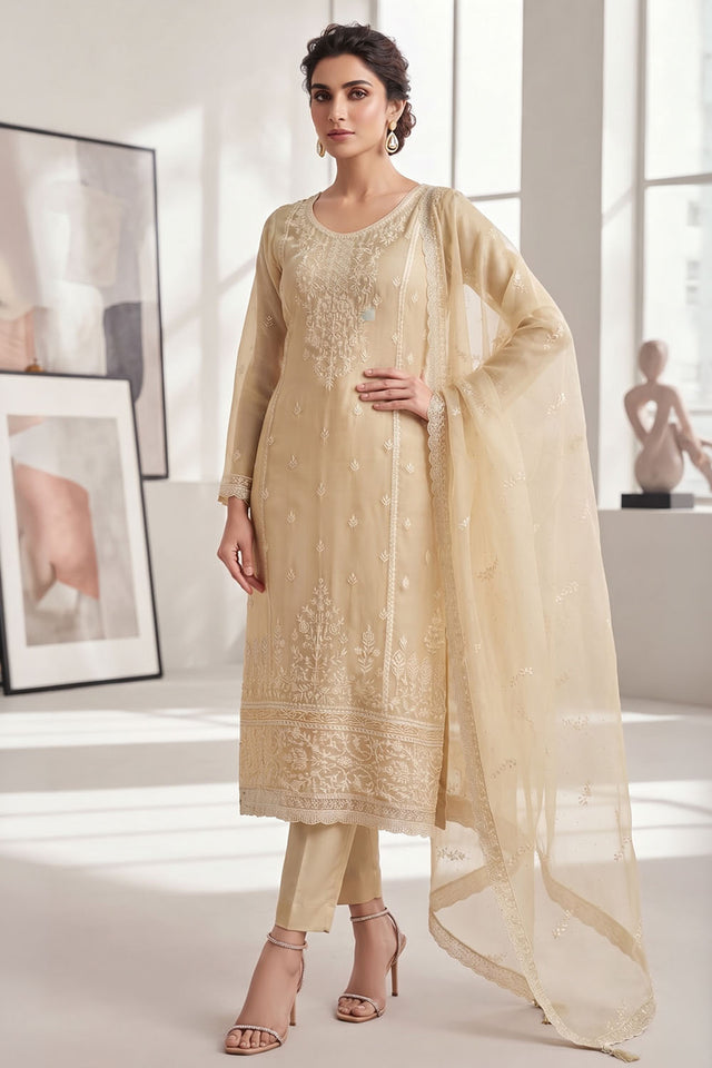 Cream Embroidered Chiffon Straight Cut Suit (ACA9131)