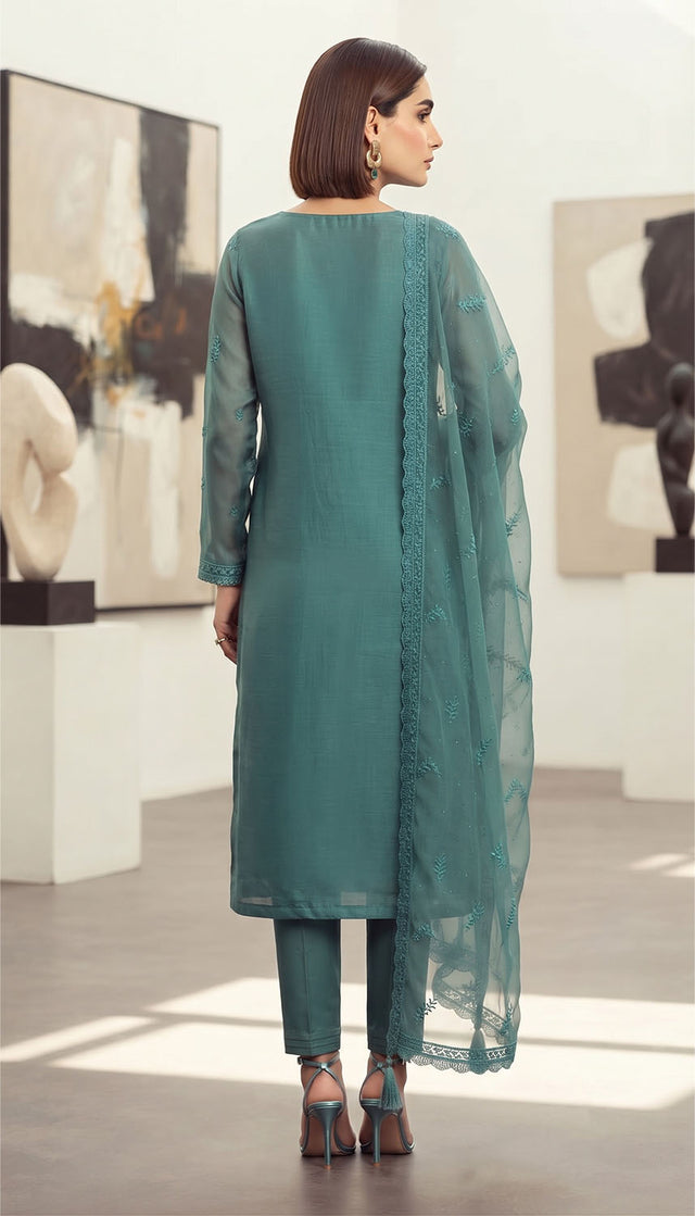 Blue Embroidered Chiffon Straight Cut Suit (ACA9133)