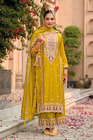 Mustard Floral Embroidered Chinon Palazzo Suit (ACA9134)