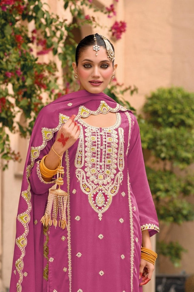 Pink Floral Embroidered Chinon Palazzo Suit (ACA9135)