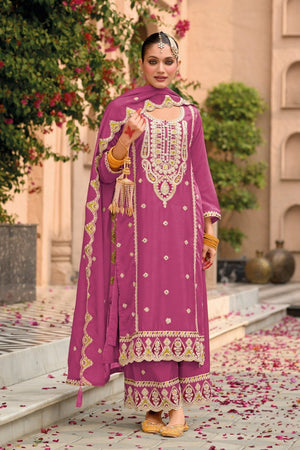 Pink Floral Embroidered Chinon Palazzo Suit (ACA9135)