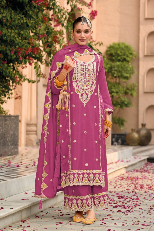 Pink Floral Embroidered Chinon Palazzo Suit (ACA9135)