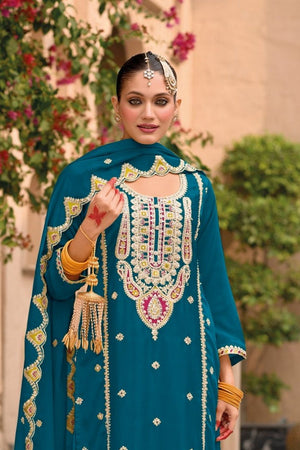 Turquoise Floral Embroidered Chinon Palazzo Suit (ACA9136)