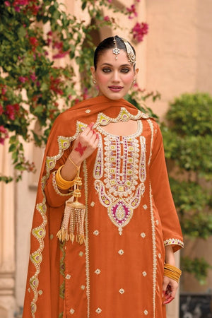 Rust Floral Embroidered Chinon Palazzo Suit (ACA9137)