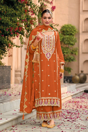 Rust Floral Embroidered Chinon Palazzo Suit (ACA9137)
