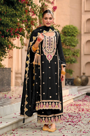 Black Floral Embroidered Chinon Palazzo Suit (ACA9139)