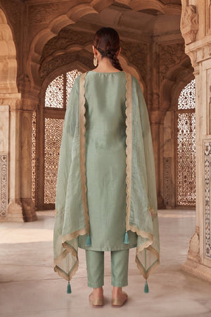 Green Floral Embroidered Silk Straight Cut Suit (ACA9141)