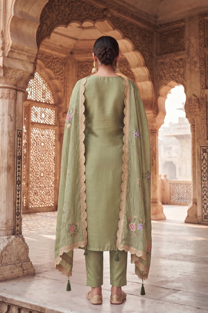 Olive Green Floral Embroidered Silk Straight Cut Suit (ACA9142)