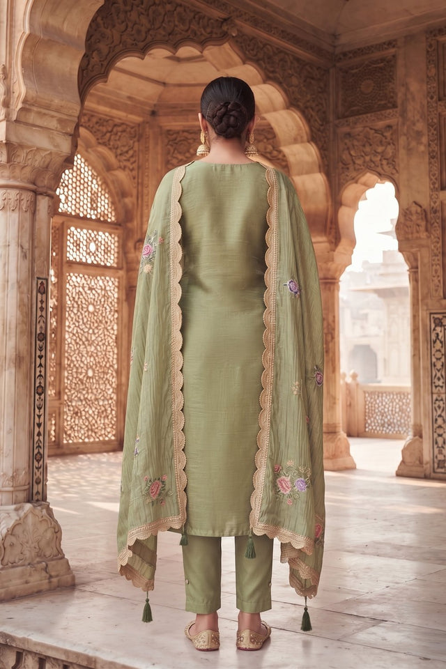 Olive Green Floral Embroidered Silk Straight Cut Suit (ACA9142)