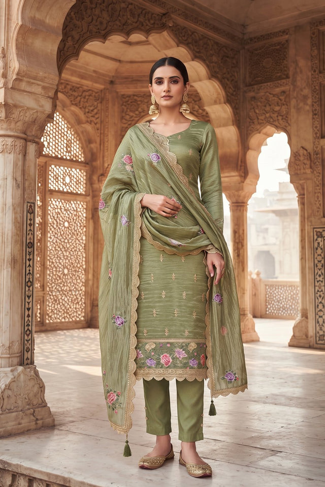 Olive Green Floral Embroidered Silk Straight Cut Suit (ACA9142)