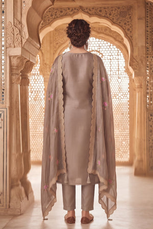 Brown Floral Embroidered Silk Straight Cut Suit (ACA9143)