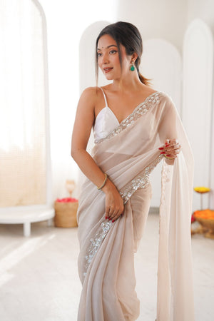 Brown Solid with Floral Sequin Bordered Chiffon Saree (ACA9144)