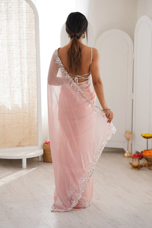 Pink Solid with Floral Sequin Bordered Chiffon Saree (ACA9145)