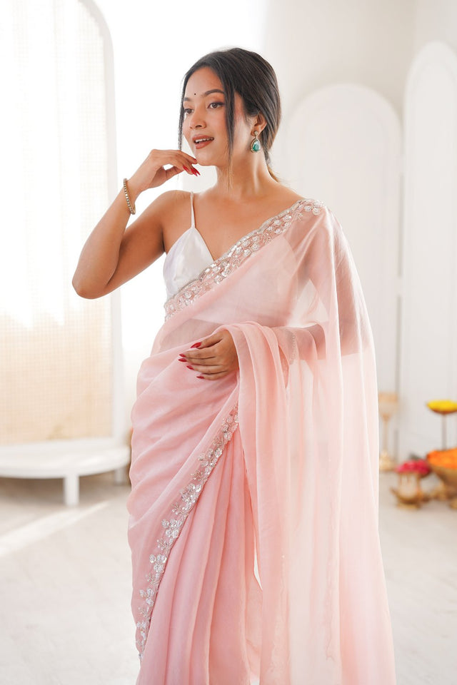 Pink Solid with Floral Sequin Bordered Chiffon Saree (ACA9145)