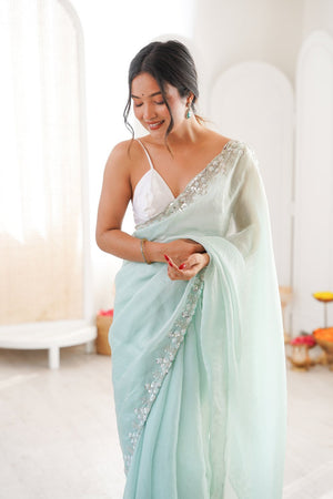 Green Solid with Floral Sequin Bordered Chiffon Saree (ACA9146)